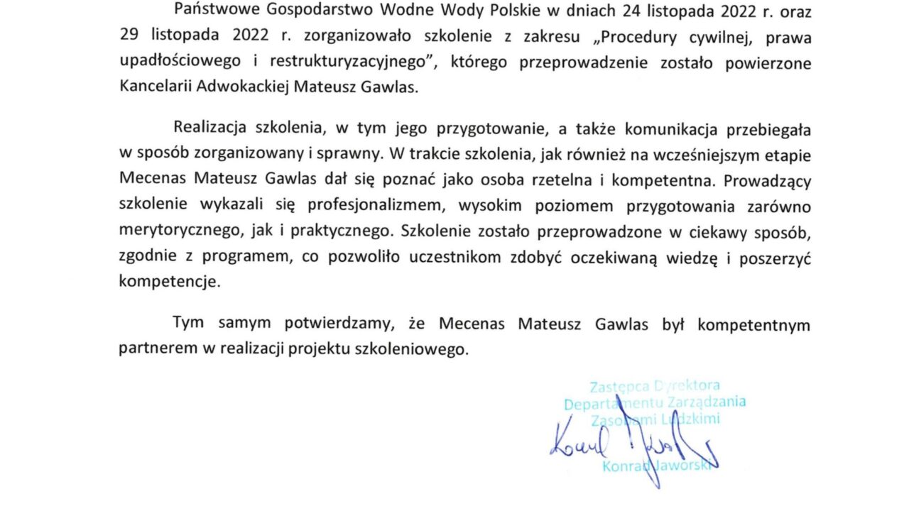 Szkolenia przeprowadzone przez adwokata Mateusza Gawlasa, adwokat Annę Sobańską oraz doktoranta Kamila Kaplę w Państwowym Gospodarstwie Wodnym Wody Polskie