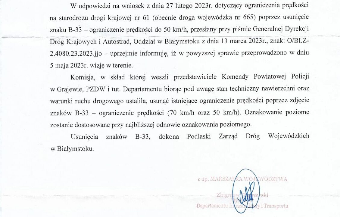 Kolejny sukces! Zmiana stałej organizacji ruchu – usunięcie ograniczenia prędkości.